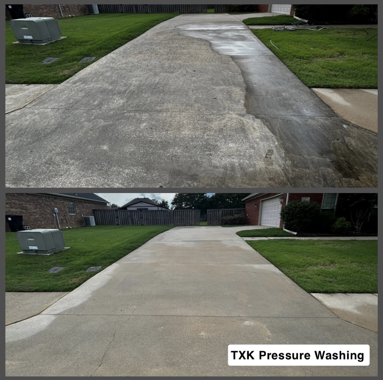 Vilonia driveway comparison showing darker uneven areas above and a lighter overall appearance below.