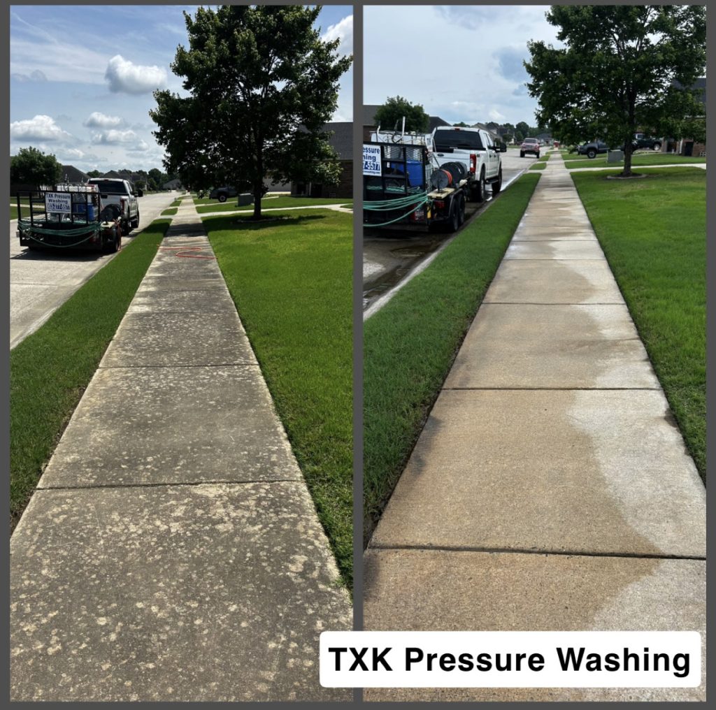 Side-by-side sidewalk cleaning comparison in Vilonia with TXK’s truck and equipment trailer alongside the curb.