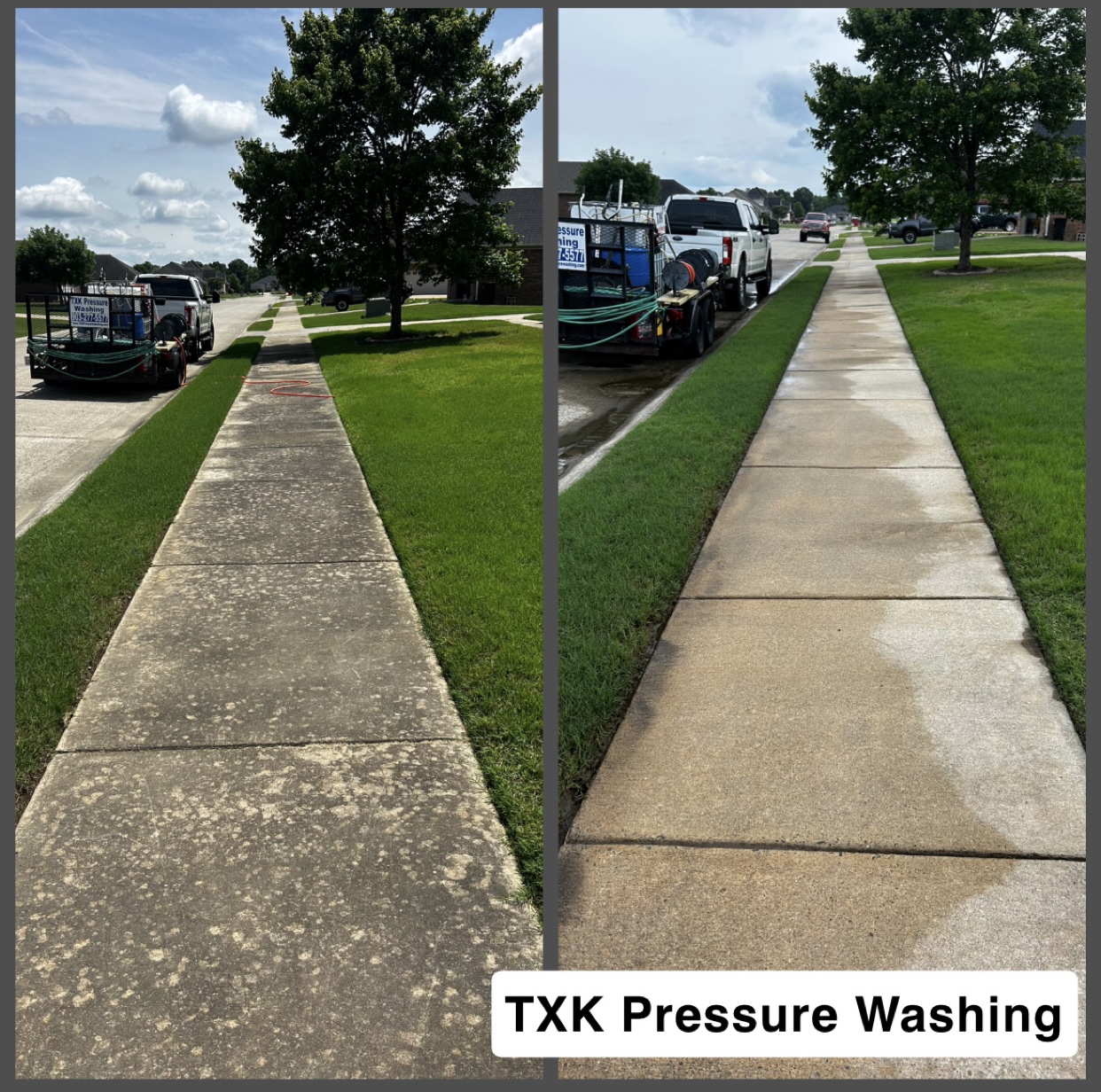 Vilonia sidewalk cleaning before and after with the TXK truck and trailer at the curb