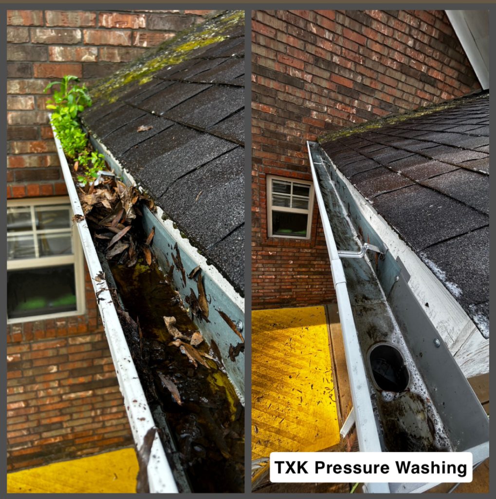 Before and after gutter cleaning at the Muslim Center of Conway, with leaves, sludge and a sprouting plant cleared from the gutter
