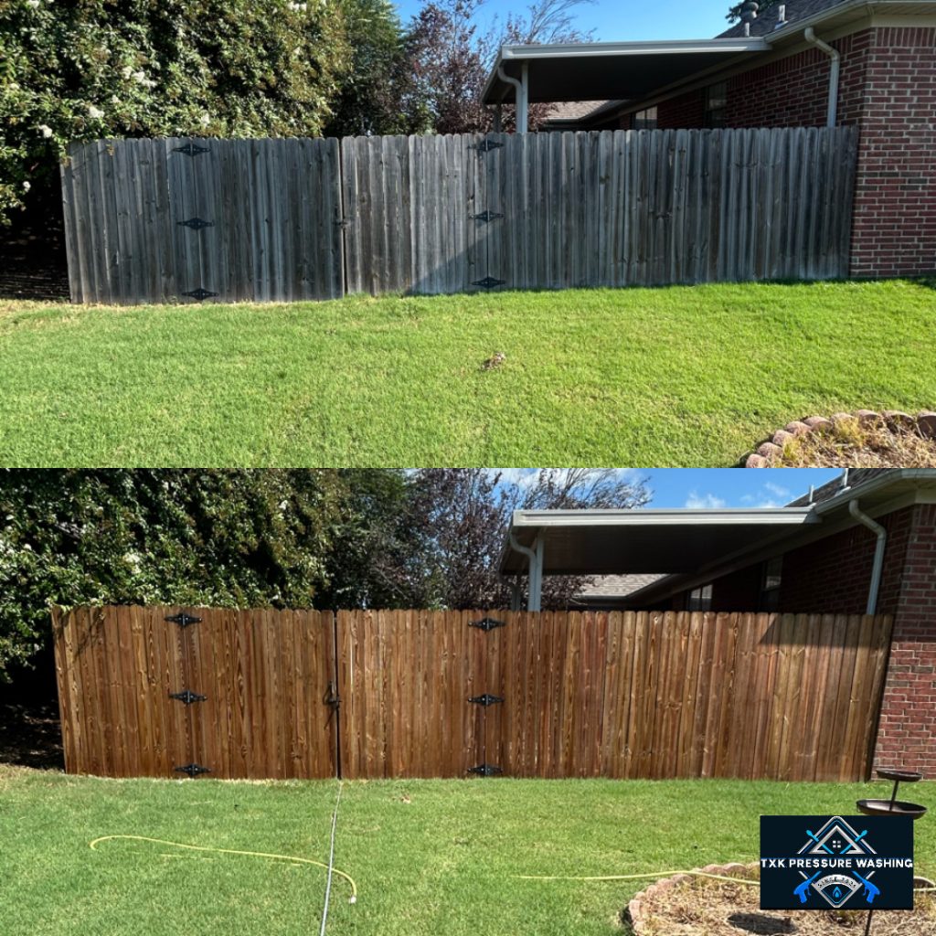 Before and after of a weathered wood fence by TXK Pressure Washing