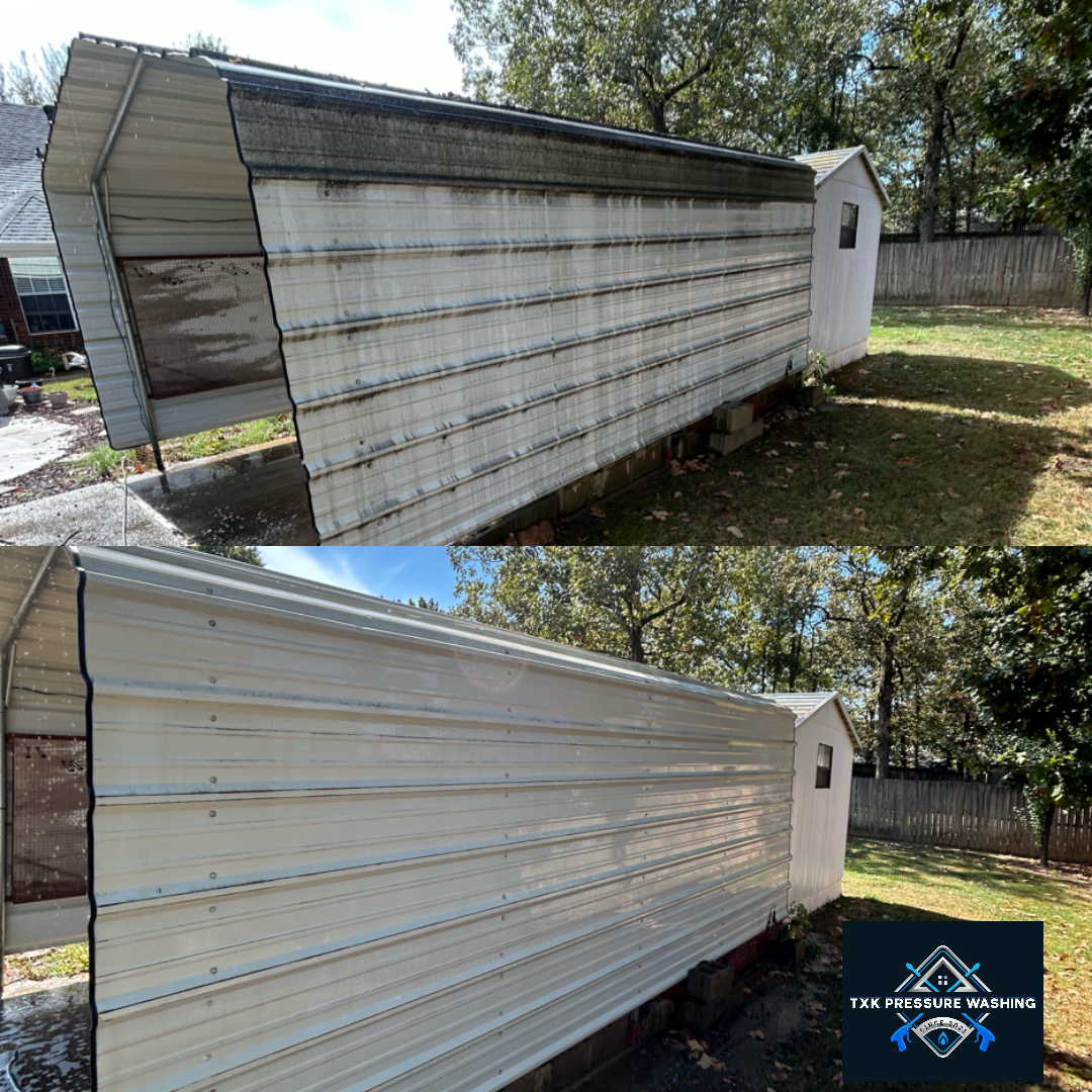 Before and after soft wash of a white metal carport in Maumelle, AR, with dark mildew streaks removed from the side panels